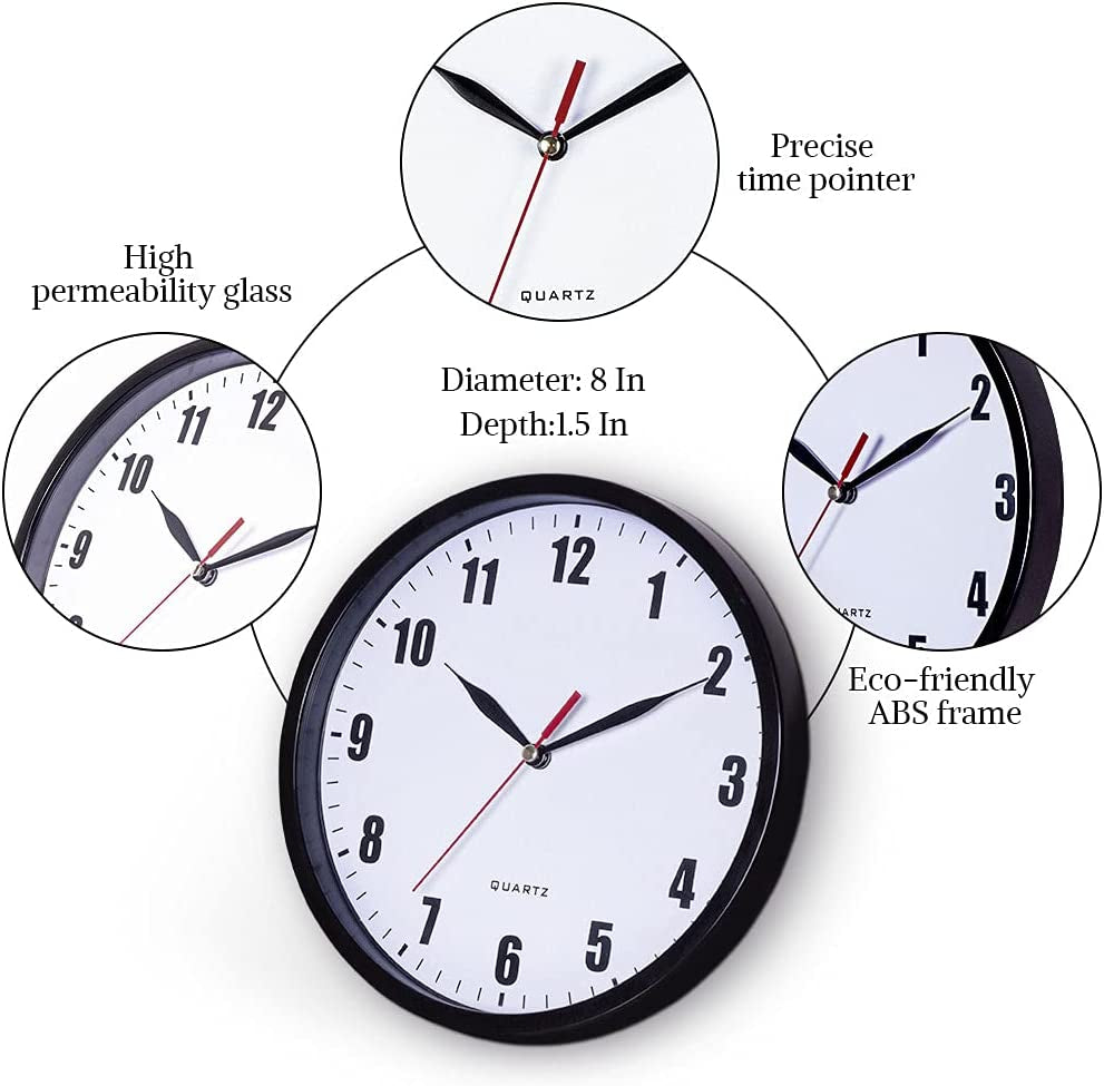 SMARTEN ARTS Black Wall Clocks Battery Operated Wall Clock for Kids Silent Non-Ticking Easy to Read Wall Clock for Bathroom Kitchen Living Room Bedroom in 8 Inches