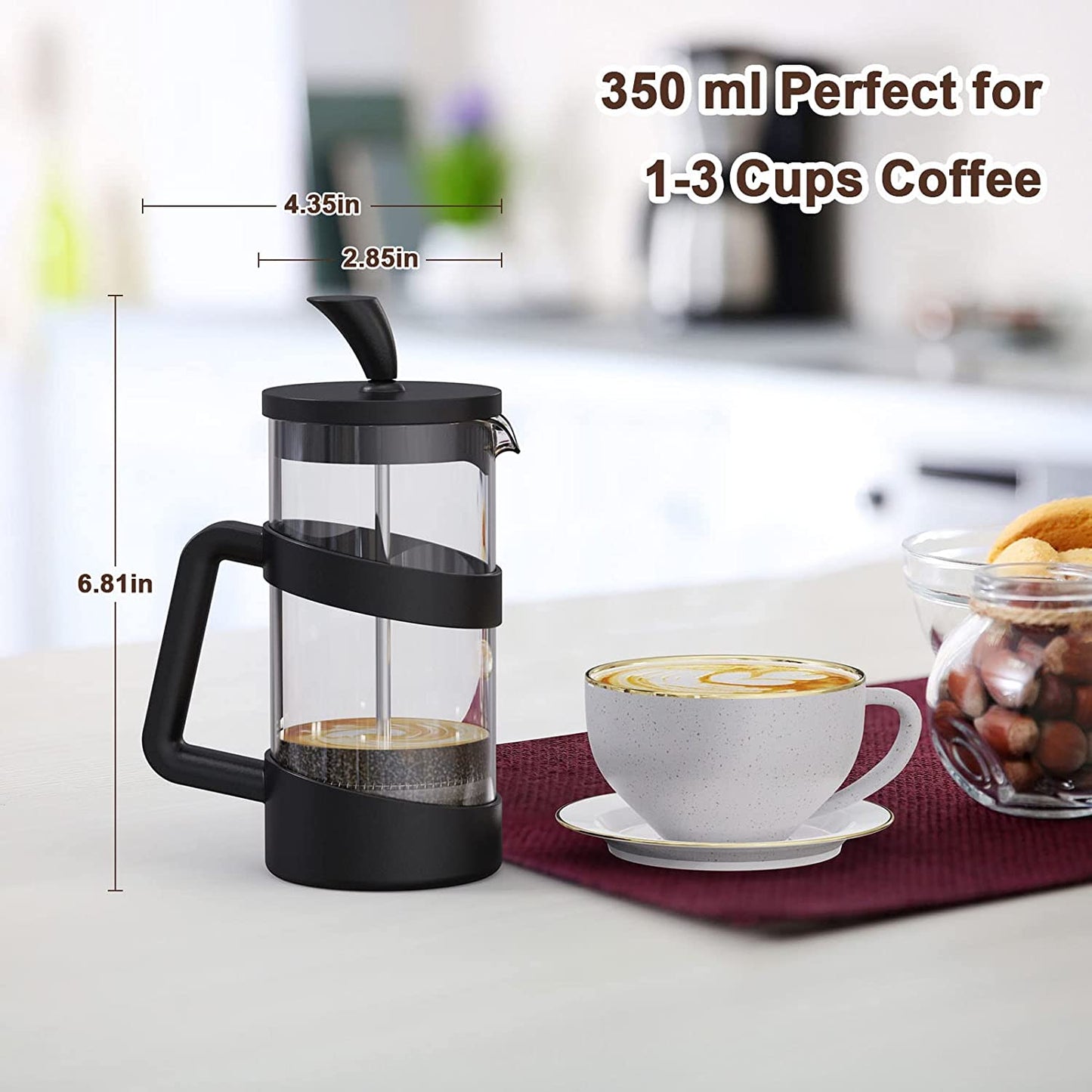 Mini French Press Coffee Maker 12 Oz, Heat Cold Coffee Brewer Camping Coffee Press Pot, Small French Press and Coffee Presses 350 Ml, Tea and Frothed Milk Press (Black, 12 Oz)