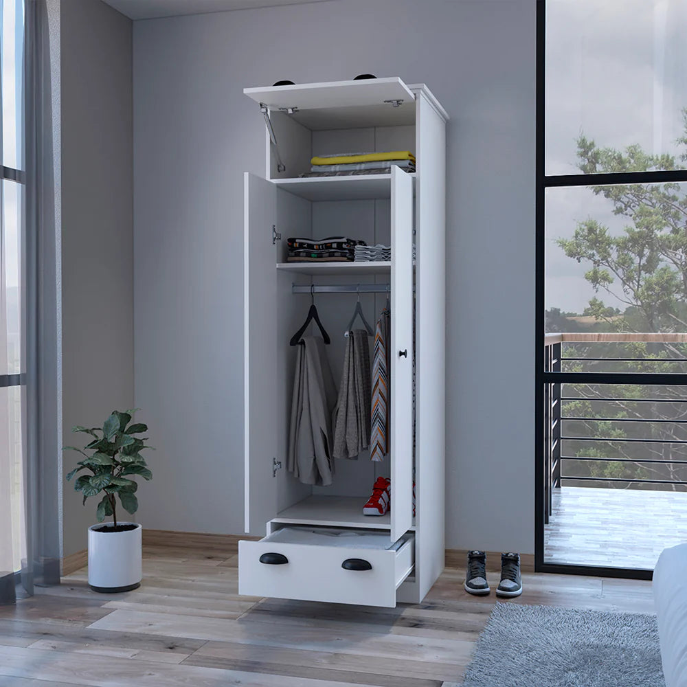 Armoire with Two-Doors Dumas, Top Hinged Drawer and 1-Drawer, White Finish
