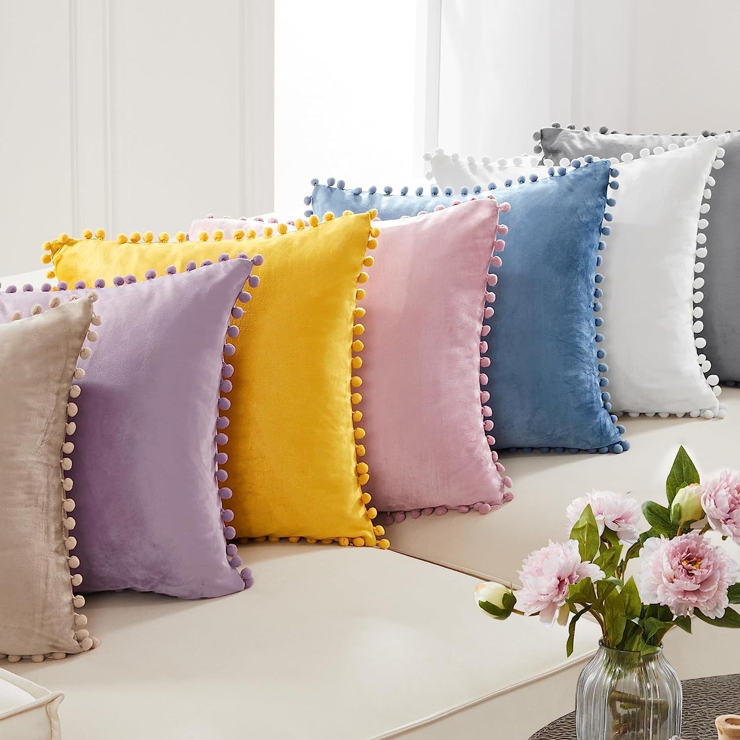 Decorative Throw Pillow Covers Soft Velvet Cushion Covers 18 X 18 Inch with Pom Poms for Sofa Bed, Set of 2, Cream White