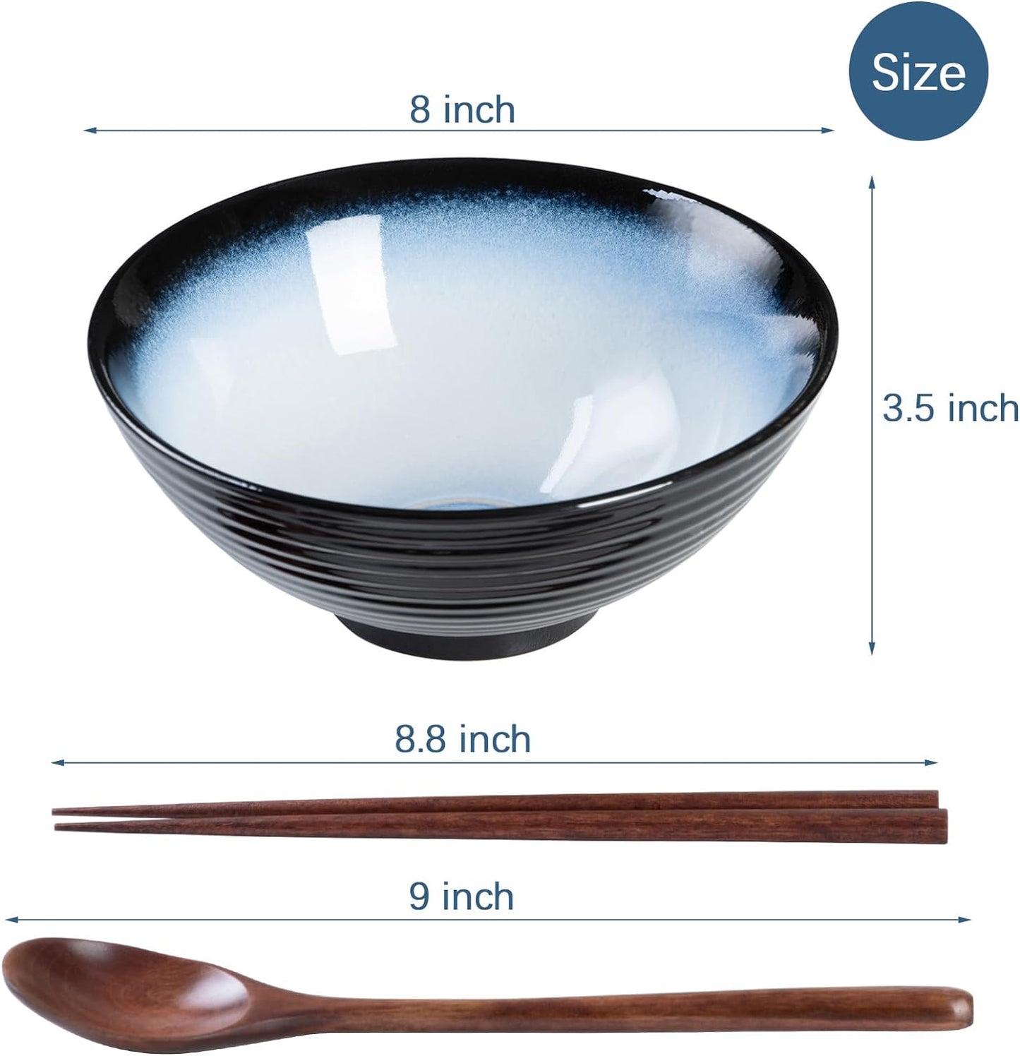 Ceramic Japanese Ramen Bowl Set, 2 Sets 8 Inch 40 Ounce Asian Pho Udon Noodle Bowls with Spoons and Chopsticks (Black/Blue, 8 Inches)