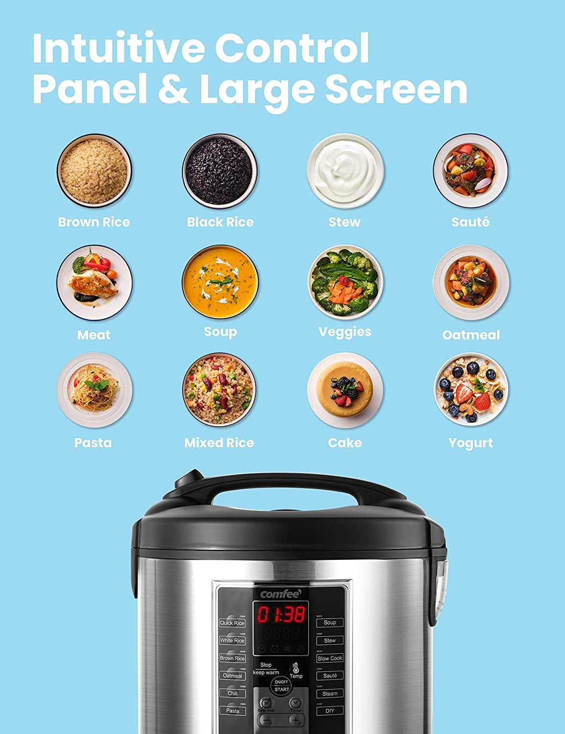 Rice Cooker 10 Cup Uncooked, Food Steamer, Stewpot, Saute All in One (12 Digital Cooking Programs) Multi Cooker Large Capacity 5.2Qt, 24 Hours Preset