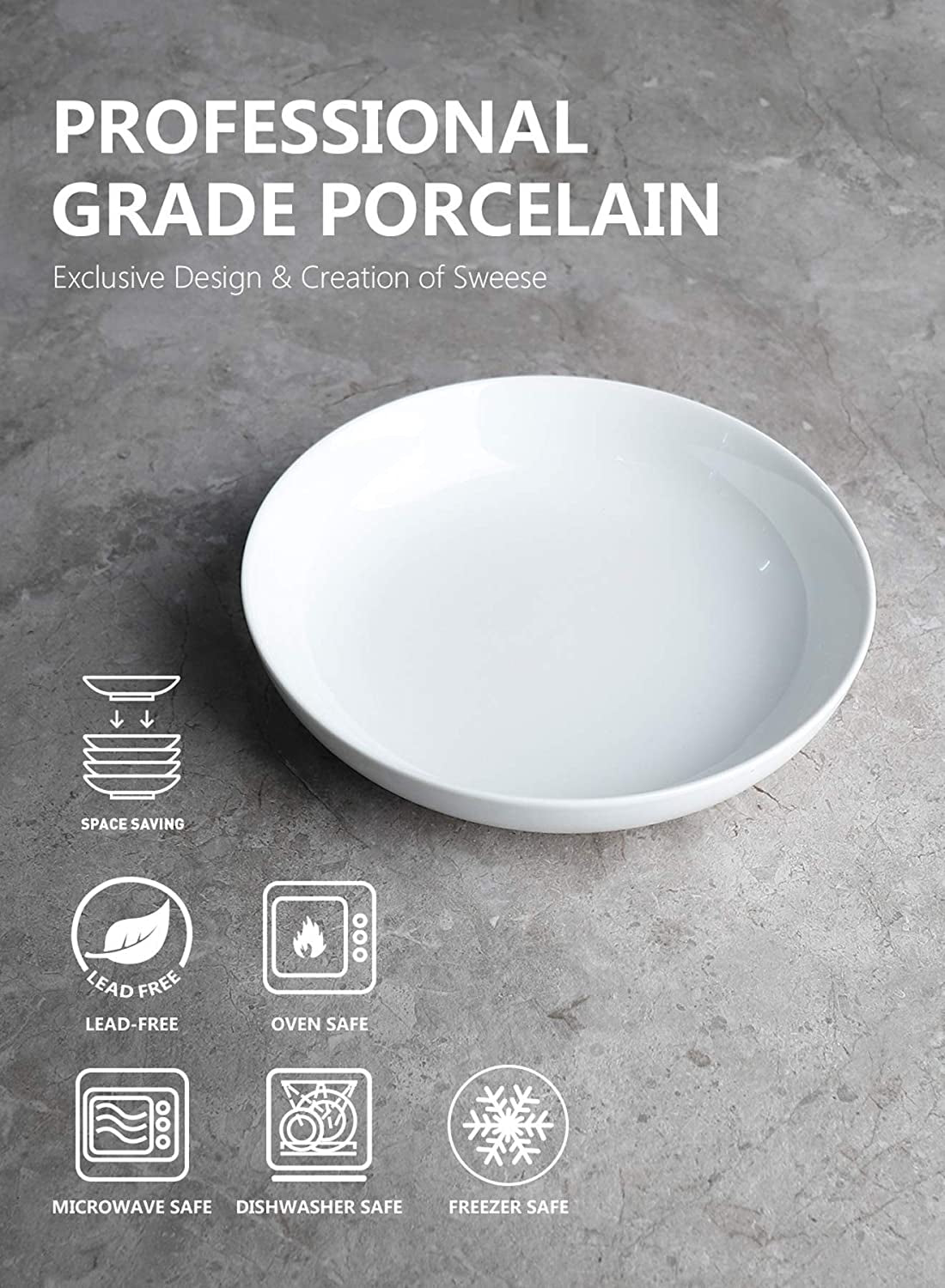 Pasta Bowls, 22 Ounce Salad White Serving Bowls Set of 6, 7.6 Inch Porcelain Plates, No. 112.001