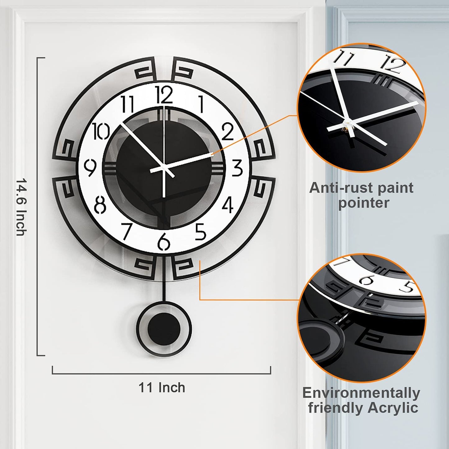 Wall Clock for Living Room Decor, Decorative Modern Wall Clocks with Pendulum for Bedroom Kitchen Office Home, 14.6 Inch Big Decoration Wall Clock Battery Operated, Silent Clock Non Ticking