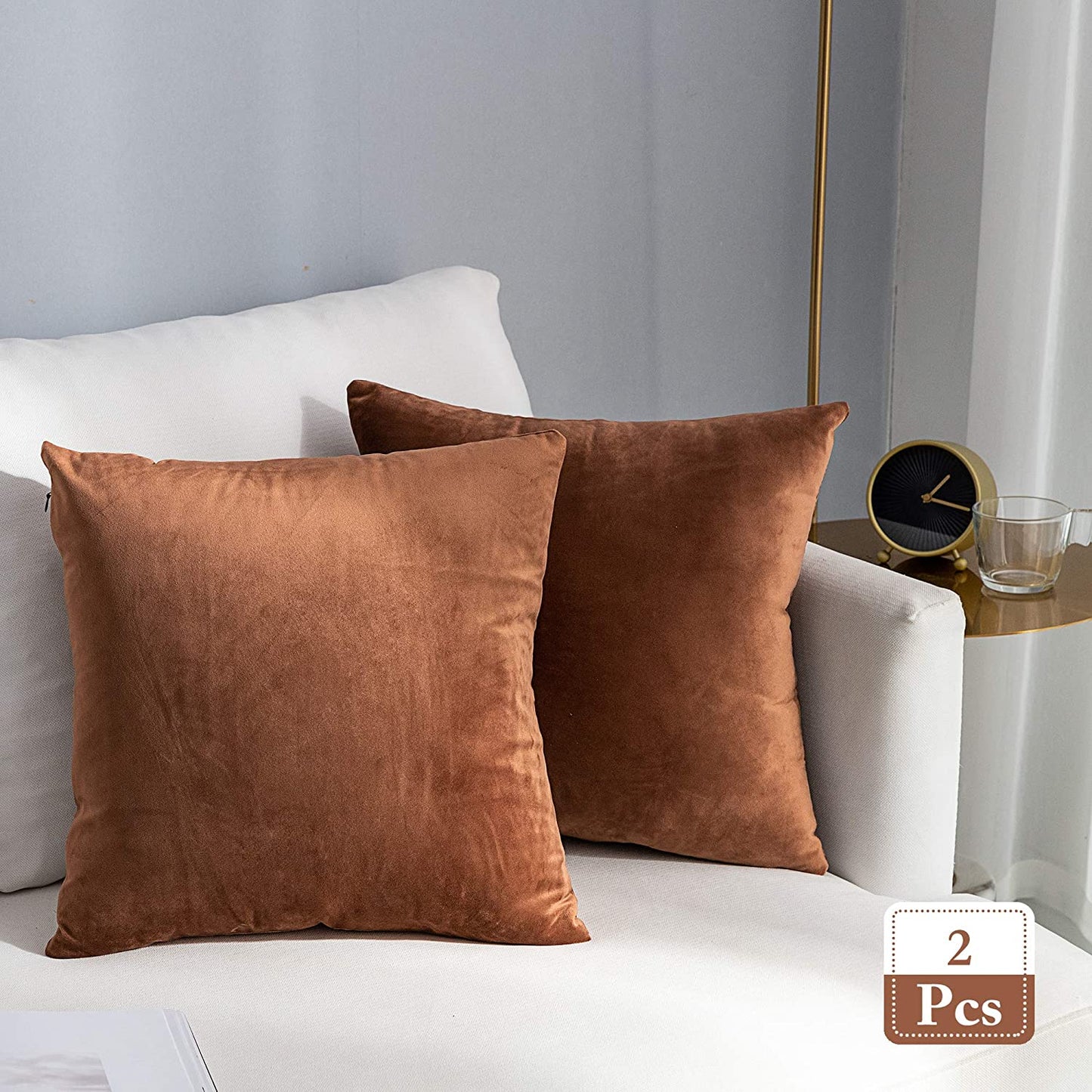 Super Soft Velvet Throw Pillow Covers Square Pillowcase for Bed Couch Sofa Bench, 18 X 18 Inch (45 Cm), Chocolate, Pack of 2