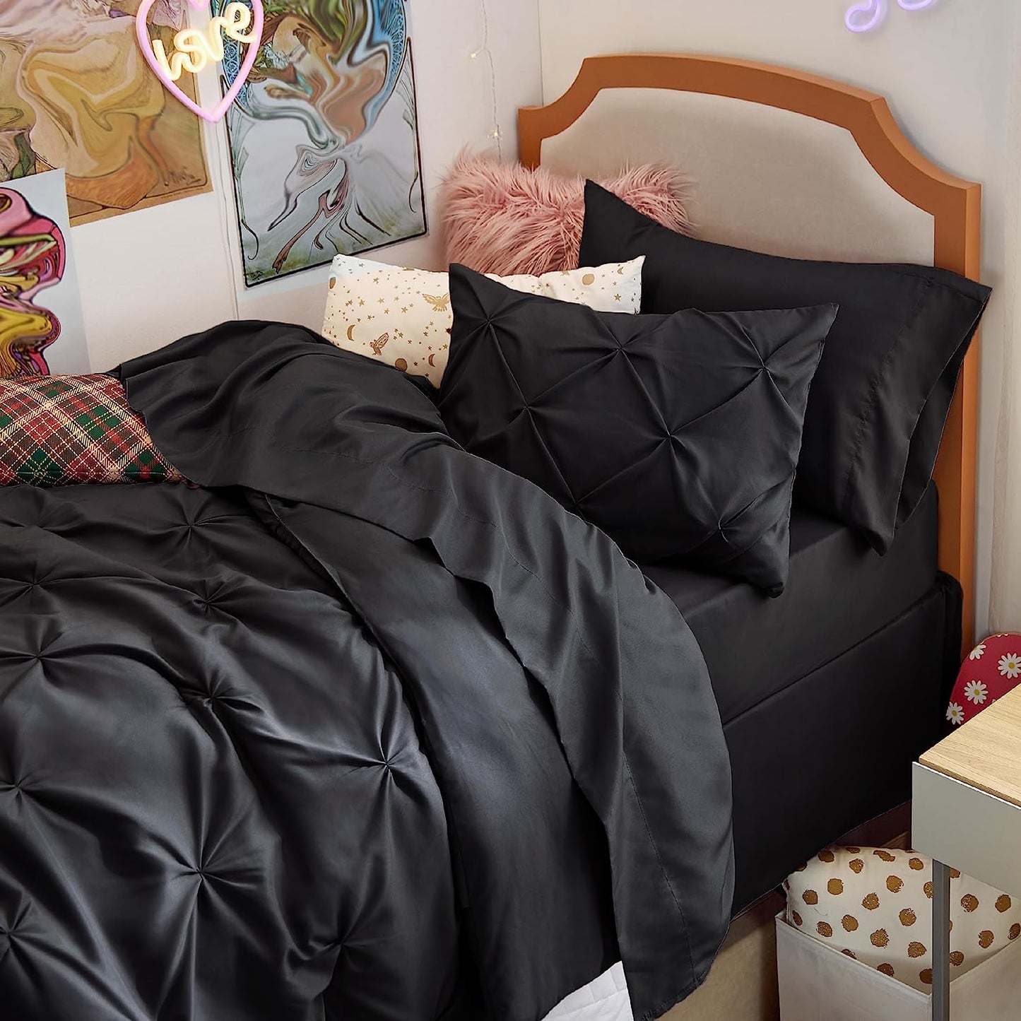 Bedsure Twin/Twin XL Comforter Set with Sheets - 5 Pieces Twin Bedding Sets, Pinch Pleat Black Twin Bed in a Bag with Comforter, Sheets, Pillowcase & Sham