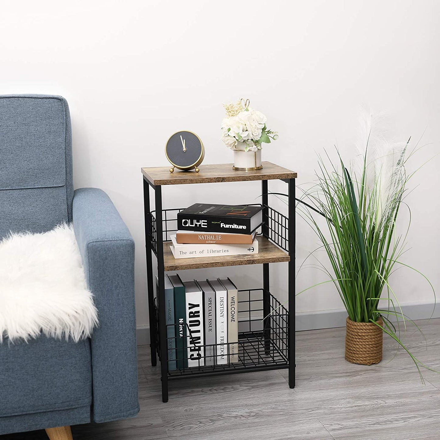 X-Cosrack End Table,Industrial Retro Side Table Nightstand Storage Shelf for Living Room Bedroom Kitchen Family and Office,Stable Wood and Metal Frame, Patent Pending(Brown&Black)