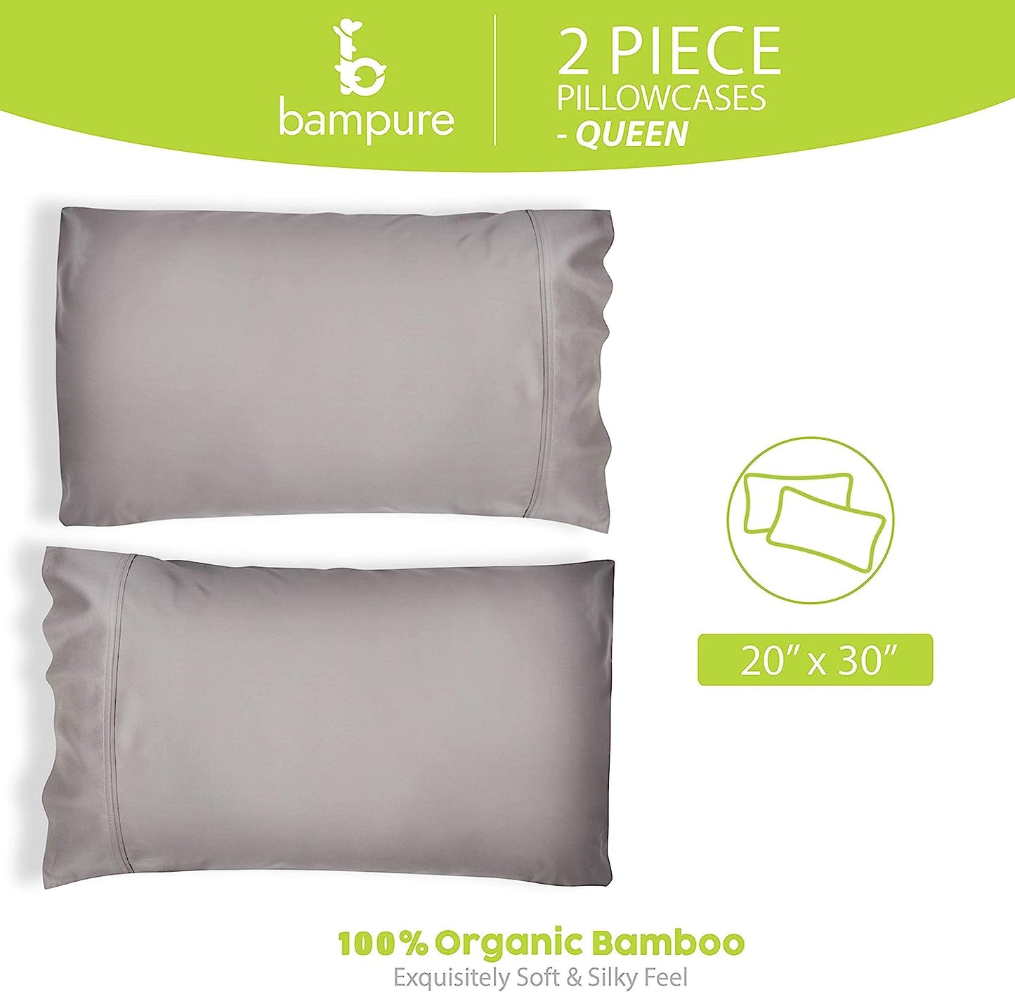 Pillow Cases Queen - 100% Viscose Derived from Bamboo Pillowcase (20X30) - Cooling Pillow Cases - Cooling Pillow Cases for Hot Sleepers Set of 2 Pillowcases (Queen, Stone Gray)