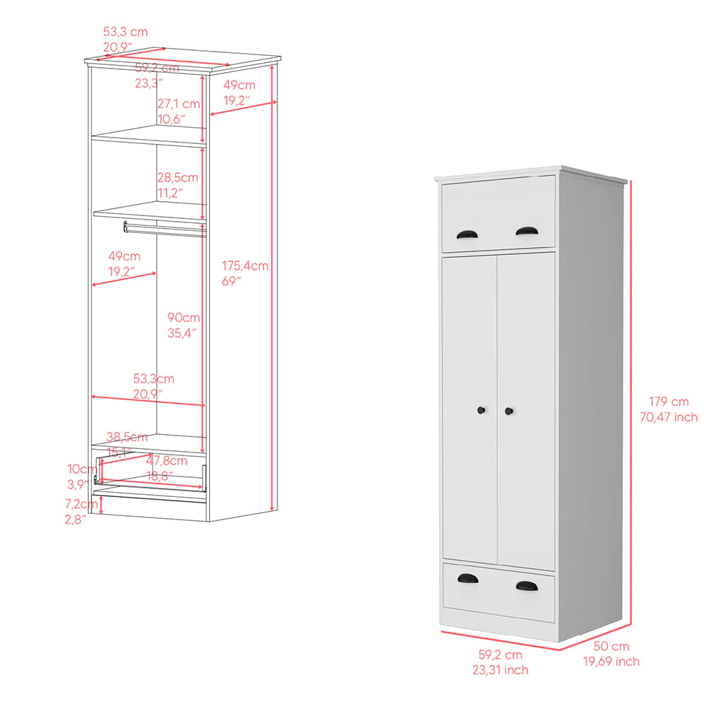 Armoire with Two-Doors Dumas, Top Hinged Drawer and 1-Drawer, White Finish