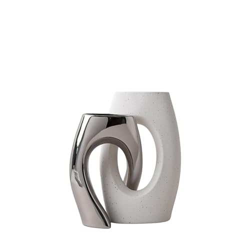 White Modern Art Unique Cross Ceramic Vases Set of 2, Perfect for Room Home Office Hotel Restaurant Farmhouse Decor Decoration, Safe Delivery (White)