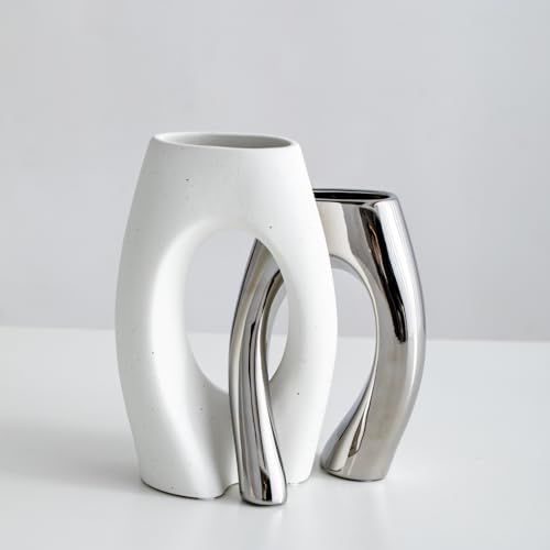 White Modern Art Unique Cross Ceramic Vases Set of 2, Perfect for Room Home Office Hotel Restaurant Farmhouse Decor Decoration, Safe Delivery (White)