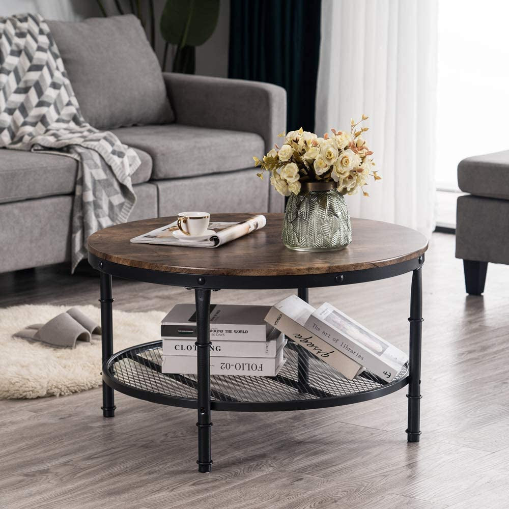 round Coffee Tables Living Room, 31.5" round Coffee Table with Storage round Wooden Coffee Table round Farmhouse Coffee Table, Industrial Coffee Table Rustic round Coffee Table with Metal Shelf