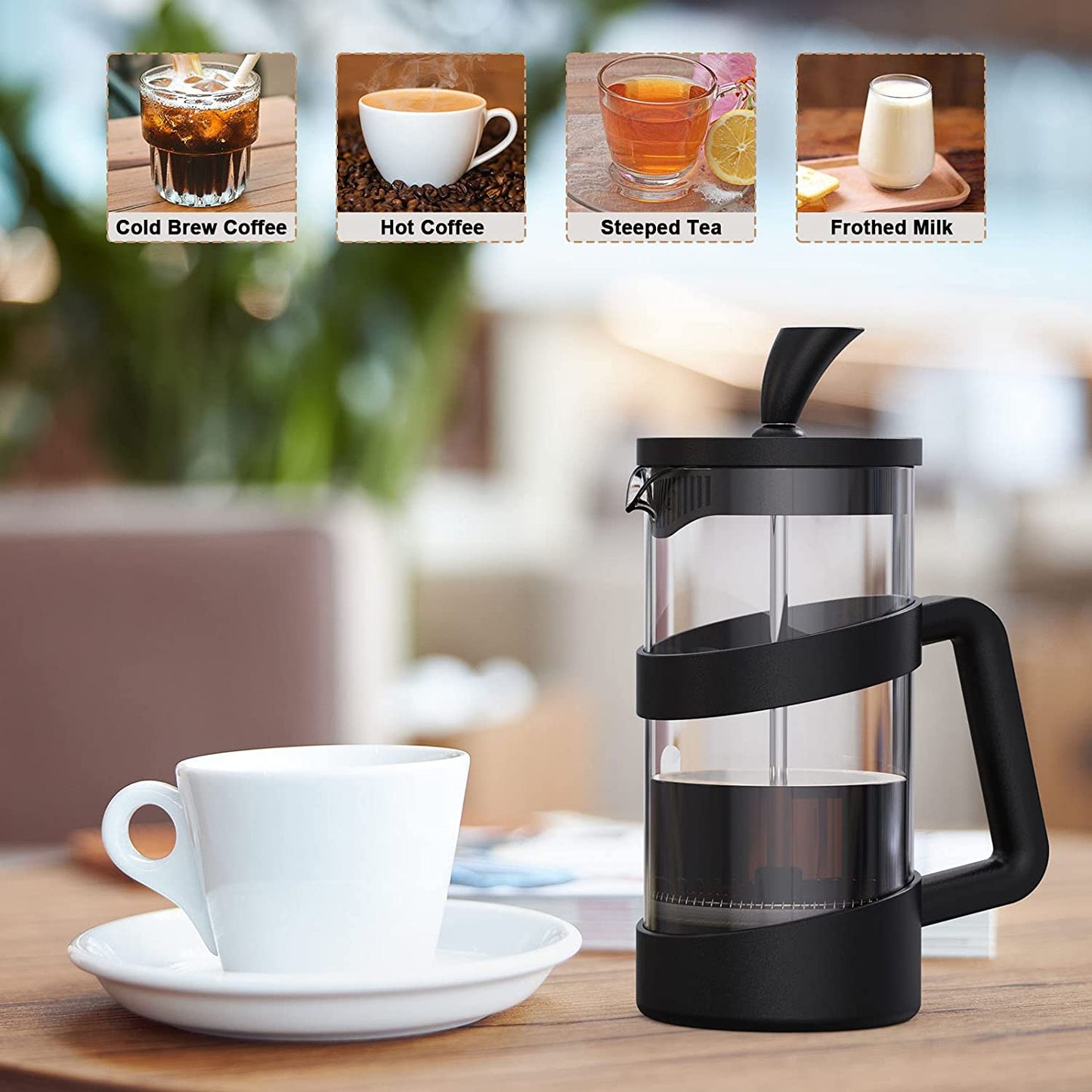Mini French Press Coffee Maker 12 Oz, Heat Cold Coffee Brewer Camping Coffee Press Pot, Small French Press and Coffee Presses 350 Ml, Tea and Frothed Milk Press (Black, 12 Oz)