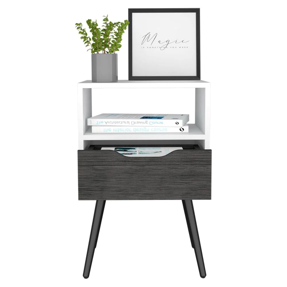 Nightstand Fugaz, Open Shelf, Single Drawer, Smokey Oak / White Finish