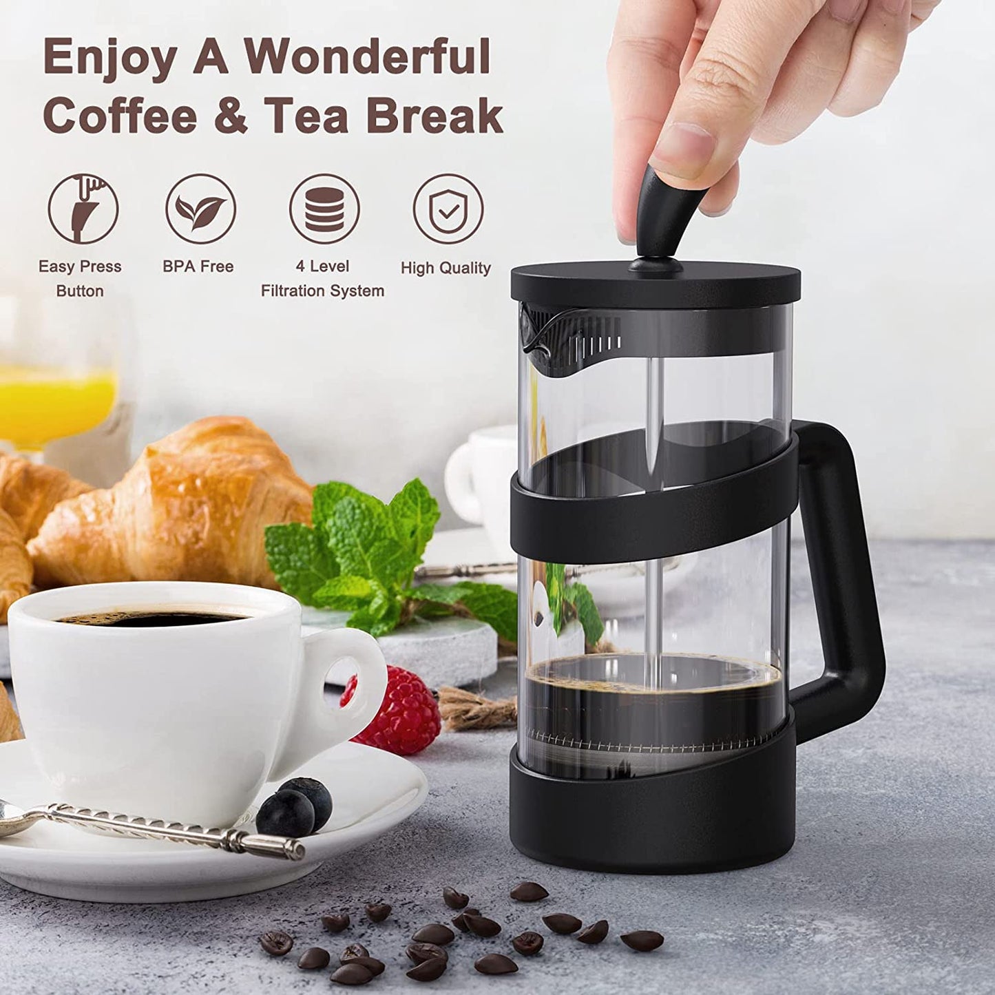 Mini French Press Coffee Maker 12 Oz, Heat Cold Coffee Brewer Camping Coffee Press Pot, Small French Press and Coffee Presses 350 Ml, Tea and Frothed Milk Press (Black, 12 Oz)
