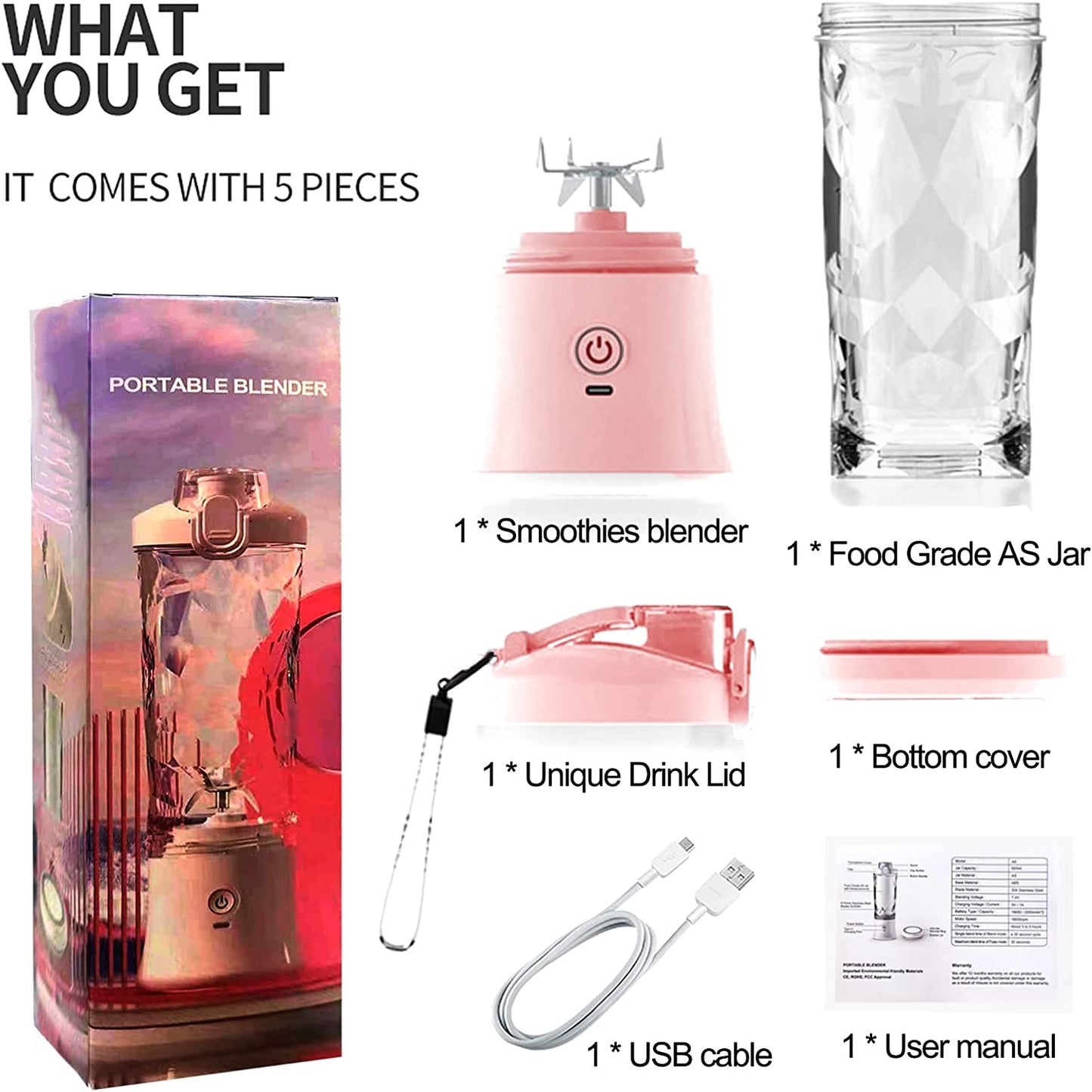 Portable Blender for Shakes and Smoothies,20Oz Travel Juice Blender Cup, Baby Food Crush Ice Frozen Mixing with 6 Blades 4000Mah Rechargeable Battery,For Home, Travel, Office (Light Blue)