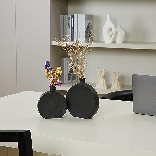 Black Ceramic Vase Set of 2, Boho Vase for Decor, Matte Frosted Texture Finish,Modern Rustic Farmhouse Home Decor,Vase for Pampas Grass&Dried Flowers,idea Shelf,Table,Mantel,Entryway (Black)