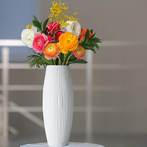 D'vine Dev 11 Inch White Ceramic Flower Vase, Waterfall Textured Vase for Home Decor, VS-WF-11