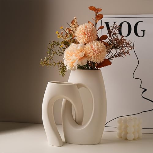 White Modern Art Unique Cross Ceramic Vases Set of 2, Perfect for Room Home Office Hotel Restaurant Farmhouse Decor Decoration, Safe Delivery (White)