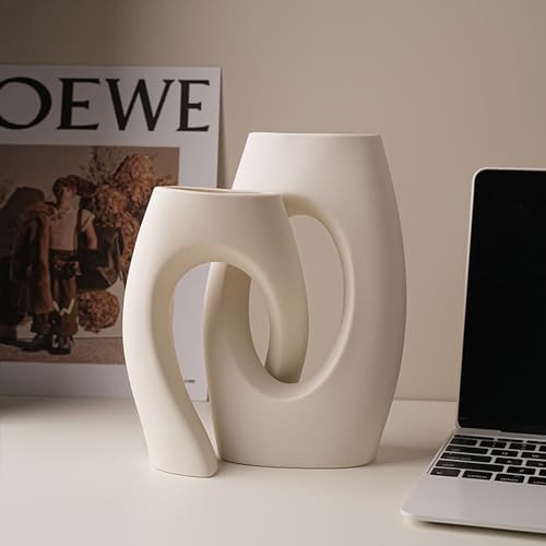 White Modern Art Unique Cross Ceramic Vases Set of 2, Perfect for Room Home Office Hotel Restaurant Farmhouse Decor Decoration, Safe Delivery (White)