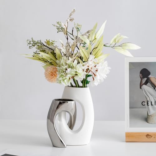 White Modern Art Unique Cross Ceramic Vases Set of 2, Perfect for Room Home Office Hotel Restaurant Farmhouse Decor Decoration, Safe Delivery (White)
