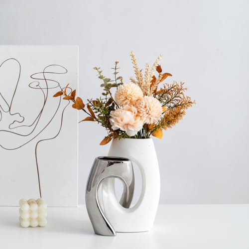 White Modern Art Unique Cross Ceramic Vases Set of 2, Perfect for Room Home Office Hotel Restaurant Farmhouse Decor Decoration, Safe Delivery (White)