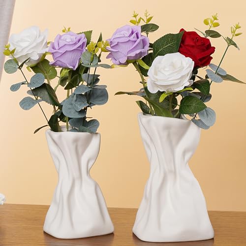 Black Ceramic Vase Set of 2, Boho Vase for Decor, Matte Frosted Texture Finish,Modern Rustic Farmhouse Home Decor,Vase for Pampas Grass&Dried Flowers,idea Shelf,Table,Mantel,Entryway (Black)