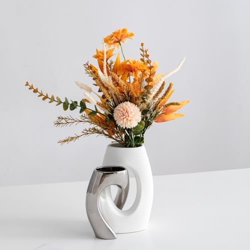 White Modern Art Unique Cross Ceramic Vases Set of 2, Perfect for Room Home Office Hotel Restaurant Farmhouse Decor Decoration, Safe Delivery (White)