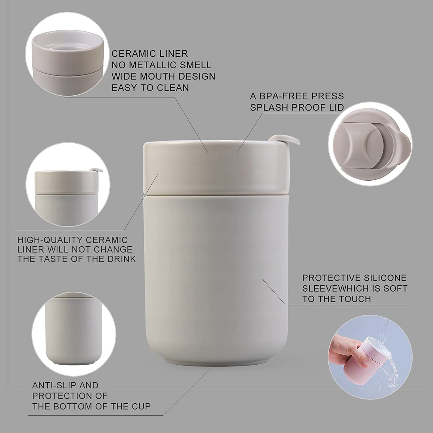 Ceramic Coffee Mug, Reusable Insulated Coffee Cups with Lids Cute Travel Mugs Protective Silicone Sleeve, 10 Ounces, to Go Mug for Coffee Tea Portable Office or Home Cups Dishwasher Safe (Gray)