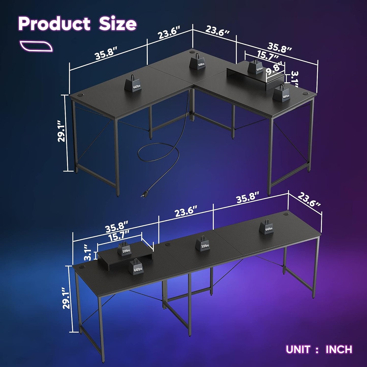 Bestier L Shaped Computer Desk Long Gaming Desk Reversible Corner Desk for Home Office with Power Outlet Monitor Stand 2 Cable Holes USB Socket 95.2 Inch Gaming L Desk, Carbon Fiber Black
