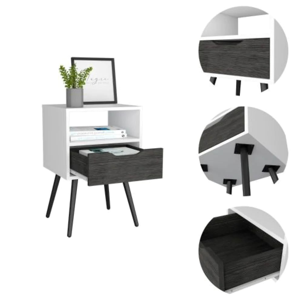 Nightstand Fugaz, Open Shelf, Single Drawer, Smokey Oak / White Finish