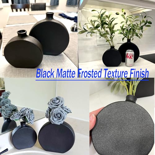 Black Ceramic Vase Set of 2, Boho Vase for Decor, Matte Frosted Texture Finish,Modern Rustic Farmhouse Home Decor,Vase for Pampas Grass&Dried Flowers,idea Shelf,Table,Mantel,Entryway (Black)