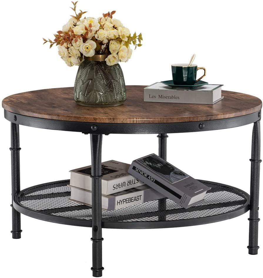 round Coffee Tables Living Room, 31.5" round Coffee Table with Storage round Wooden Coffee Table round Farmhouse Coffee Table, Industrial Coffee Table Rustic round Coffee Table with Metal Shelf