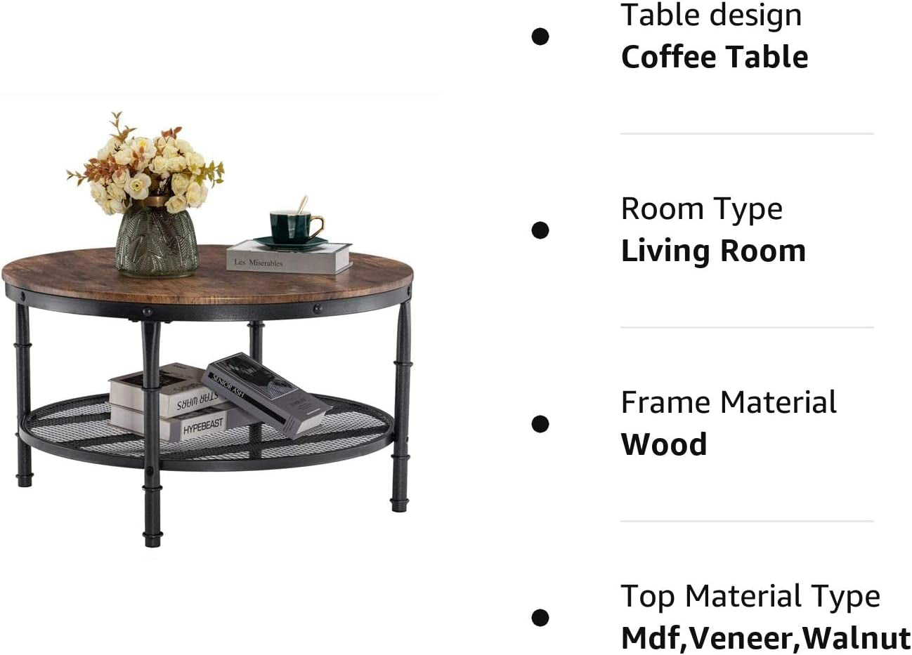 round Coffee Tables Living Room, 31.5" round Coffee Table with Storage round Wooden Coffee Table round Farmhouse Coffee Table, Industrial Coffee Table Rustic round Coffee Table with Metal Shelf