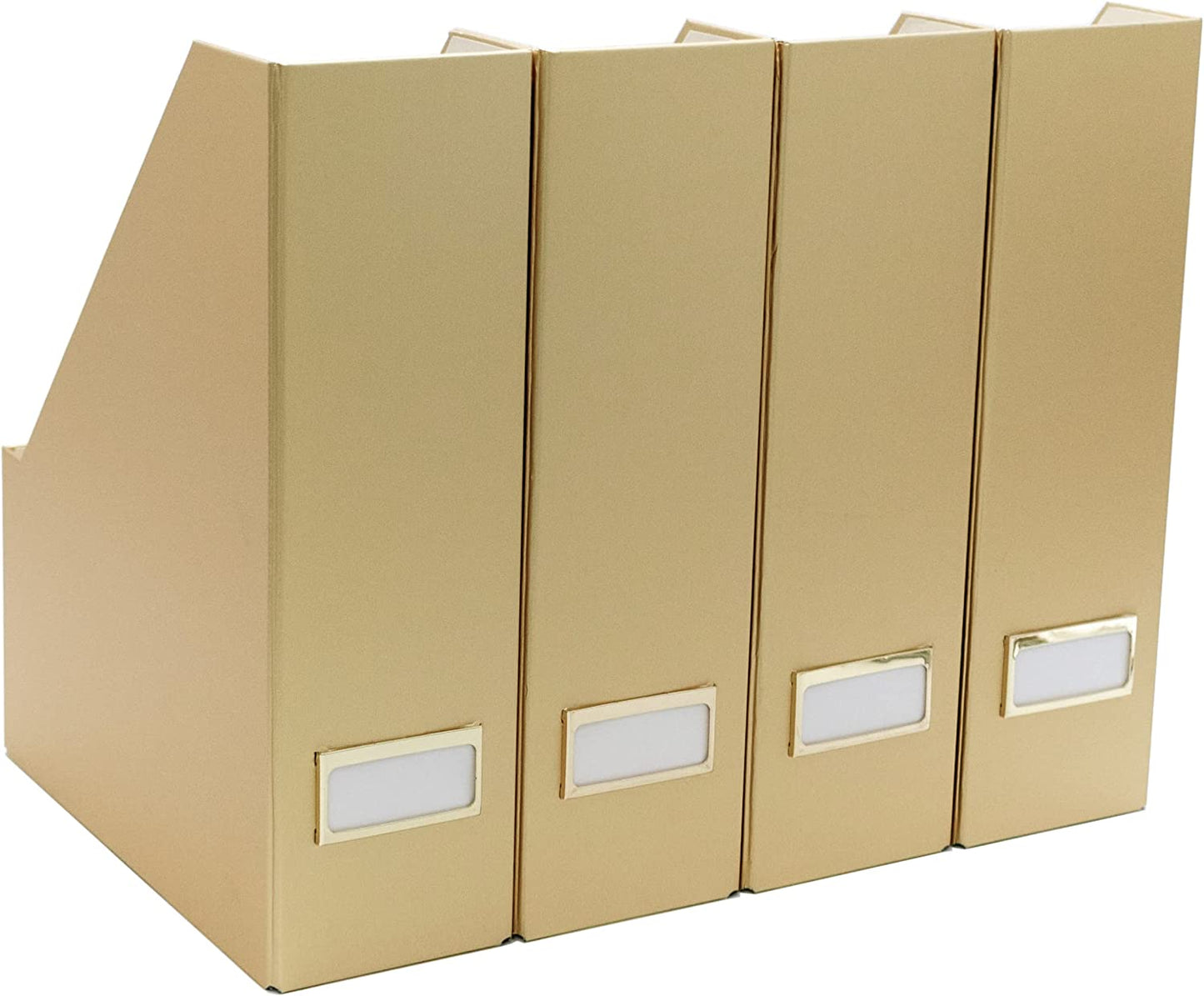 Set of 4 Foldable Gold Magazine File Holders with Gold Label Holders - Stylish and Durable Magazine Storage for Desk, Shelves, and Classroom Organization - Gold Desktop Office Supplies
