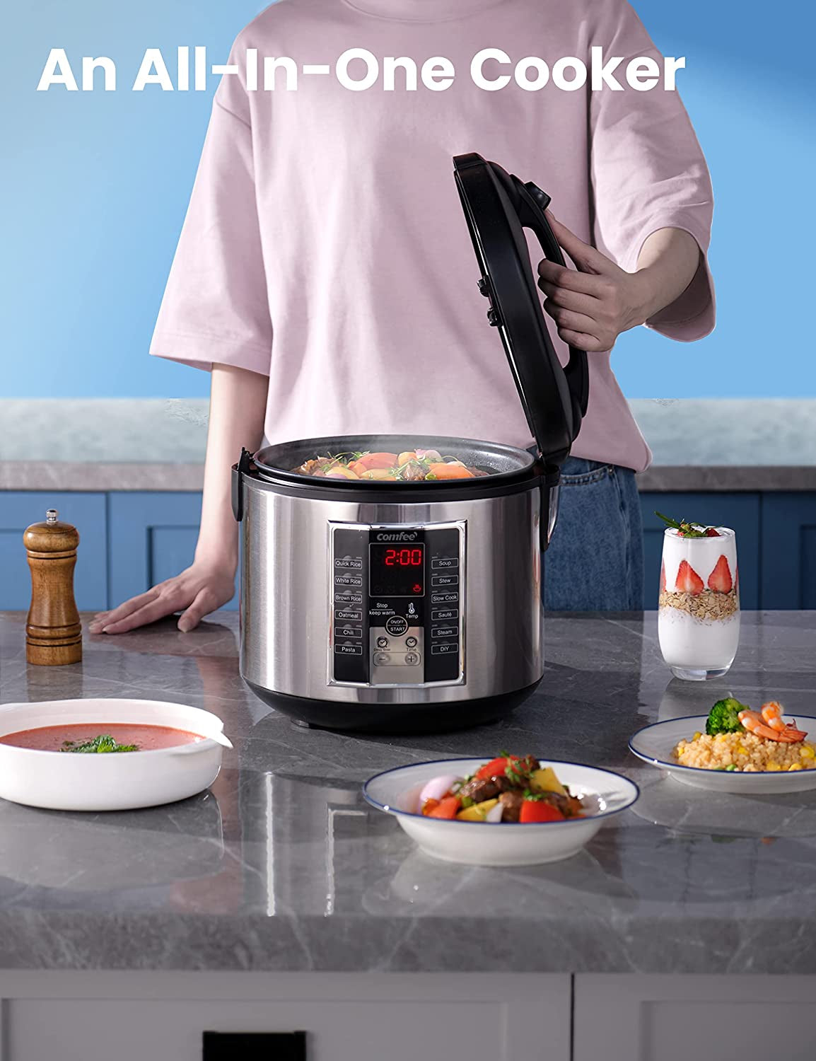 Rice Cooker 10 Cup Uncooked, Food Steamer, Stewpot, Saute All in One (12 Digital Cooking Programs) Multi Cooker Large Capacity 5.2Qt, 24 Hours Preset