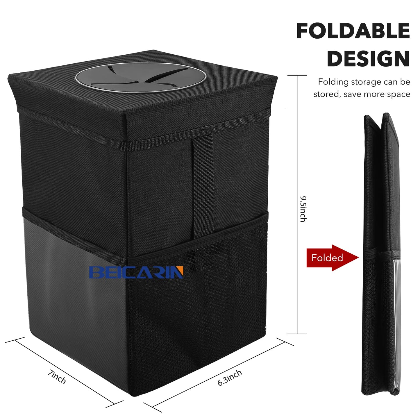 Car Trash Can with Lid - Bag Hanging Storage Pockets Leak-Proof Organizer Collapsible and Portable Waterproof Garbage Bin, 2.6 Gal Large Capacity Multipurpose Bin for