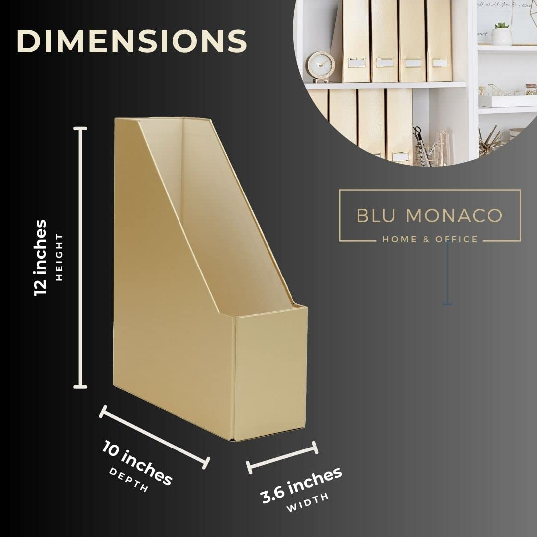 Set of 4 Foldable Gold Magazine File Holders with Gold Label Holders - Stylish and Durable Magazine Storage for Desk, Shelves, and Classroom Organization - Gold Desktop Office Supplies