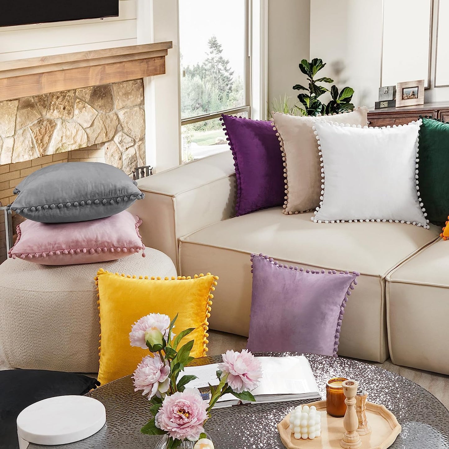 Decorative Throw Pillow Covers Soft Velvet Cushion Covers 18 X 18 Inch with Pom Poms for Sofa Bed, Set of 2, Cream White