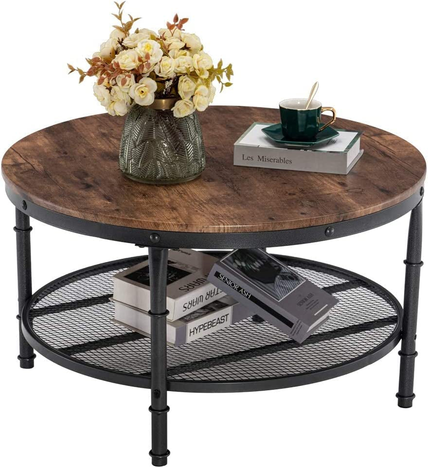 round Coffee Tables Living Room, 31.5" round Coffee Table with Storage round Wooden Coffee Table round Farmhouse Coffee Table, Industrial Coffee Table Rustic round Coffee Table with Metal Shelf