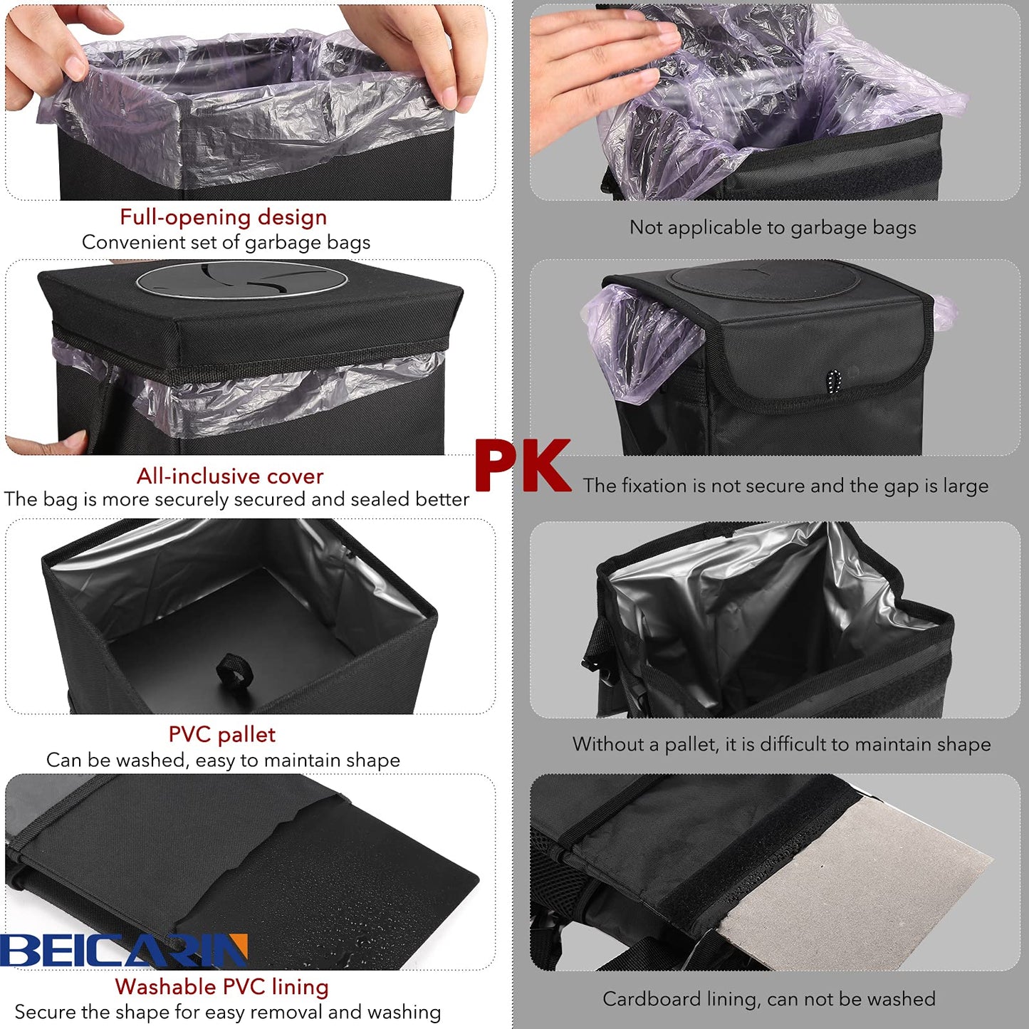 Car Trash Can with Lid - Bag Hanging Storage Pockets Leak-Proof Organizer Collapsible and Portable Waterproof Garbage Bin, 2.6 Gal Large Capacity Multipurpose Bin for