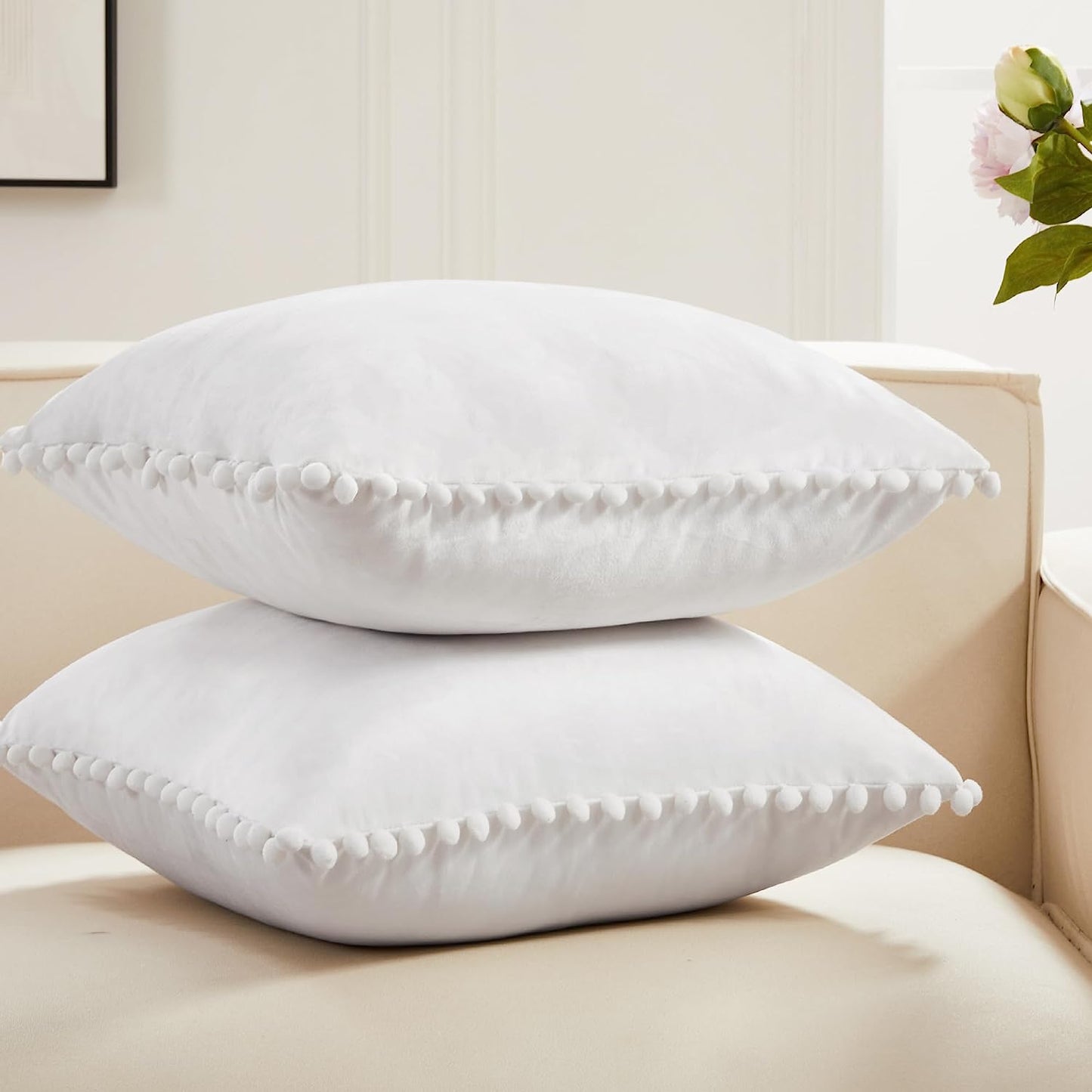 Decorative Throw Pillow Covers Soft Velvet Cushion Covers 18 X 18 Inch with Pom Poms for Sofa Bed, Set of 2, Cream White