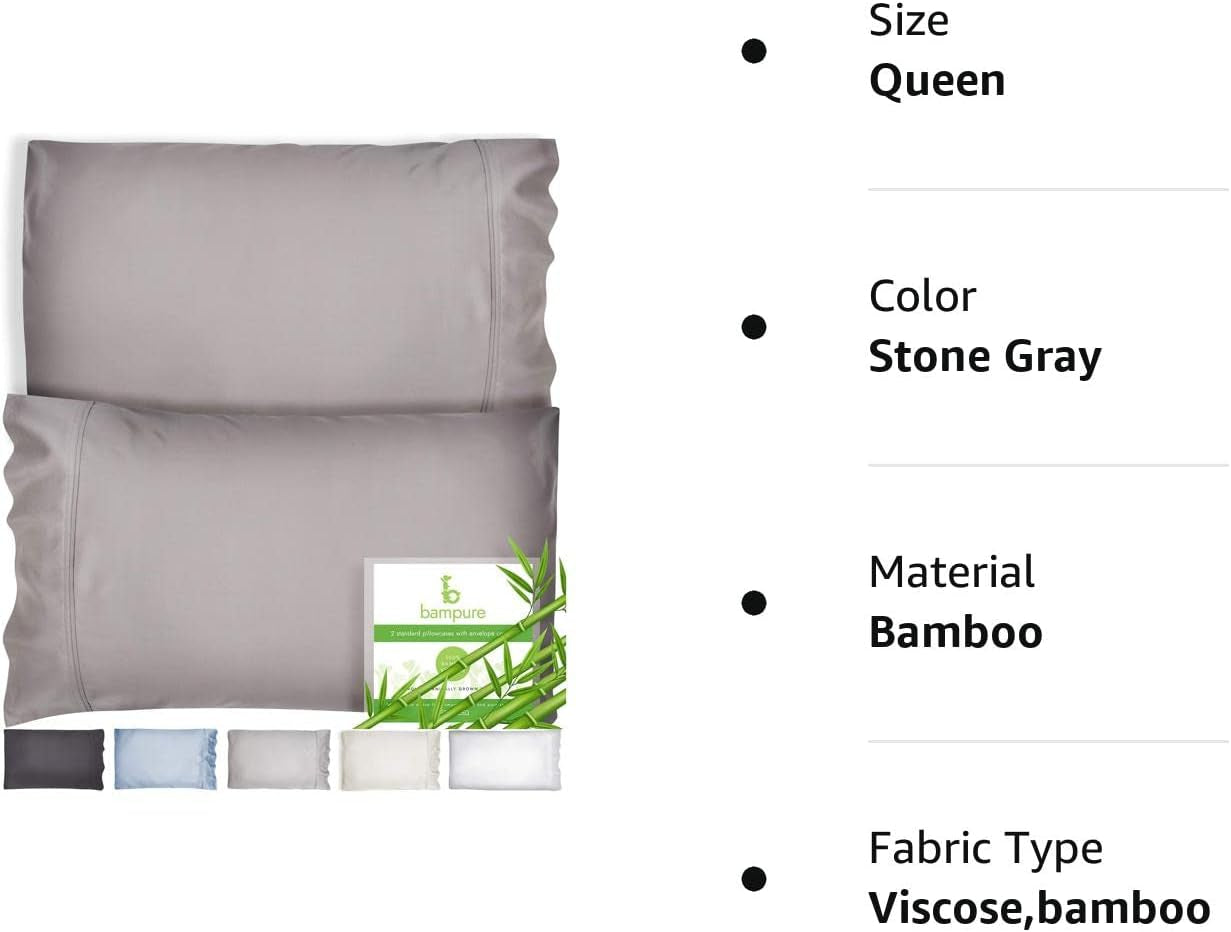 Pillow Cases Queen - 100% Viscose Derived from Bamboo Pillowcase (20X30) - Cooling Pillow Cases - Cooling Pillow Cases for Hot Sleepers Set of 2 Pillowcases (Queen, Stone Gray)