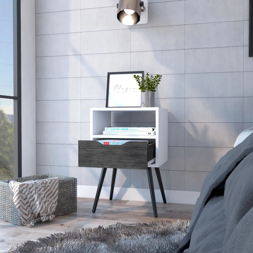 Nightstand Fugaz, Open Shelf, Single Drawer, Smokey Oak / White Finish