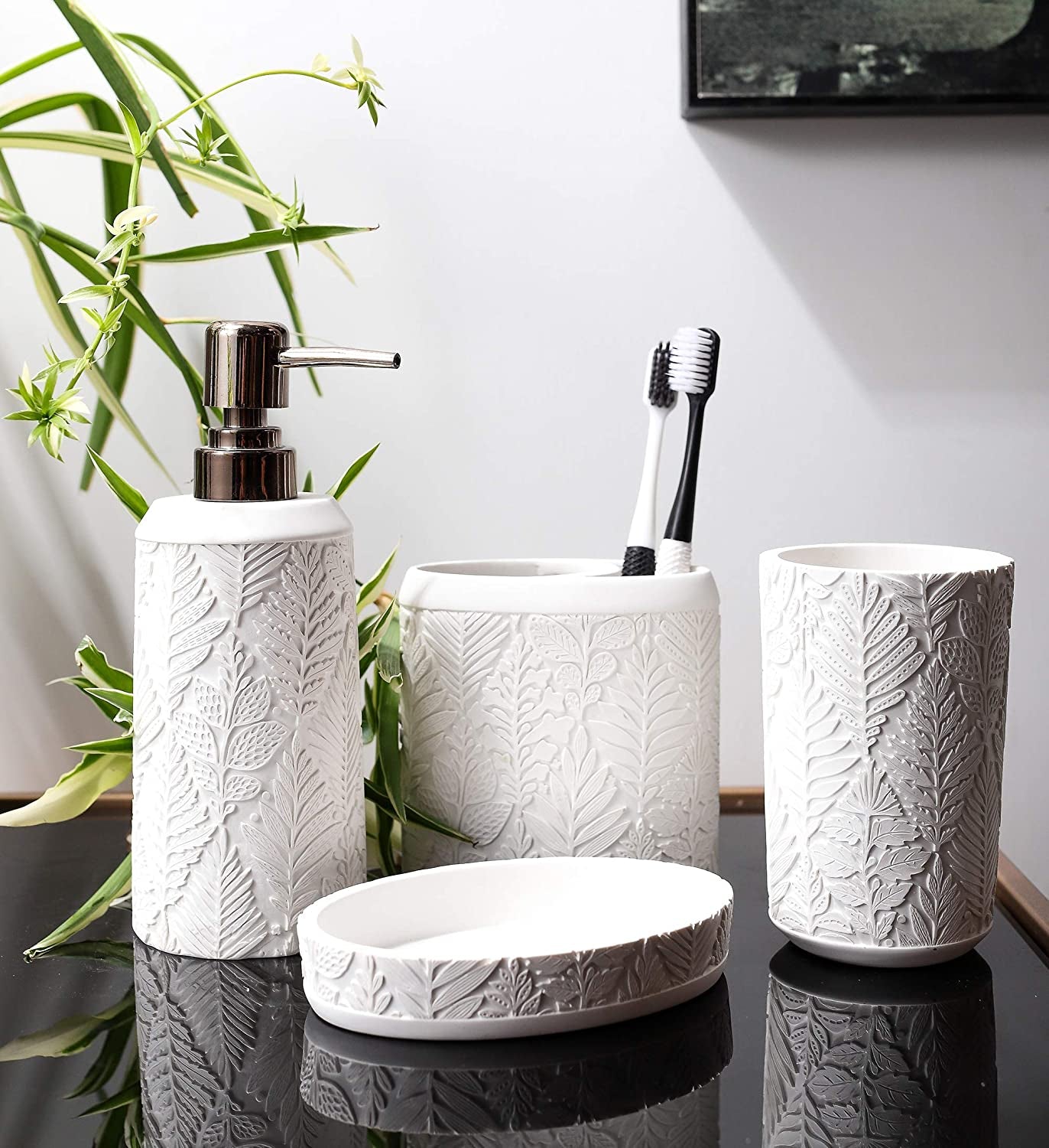 Bathroom Accessories Set,Toothbrush Holder,Farmhouse Decor,4 Pcs Resin Gift Apartment Necessities, Contain Toothbrush Cup,Soap Dispenser & Dish,Tumbler