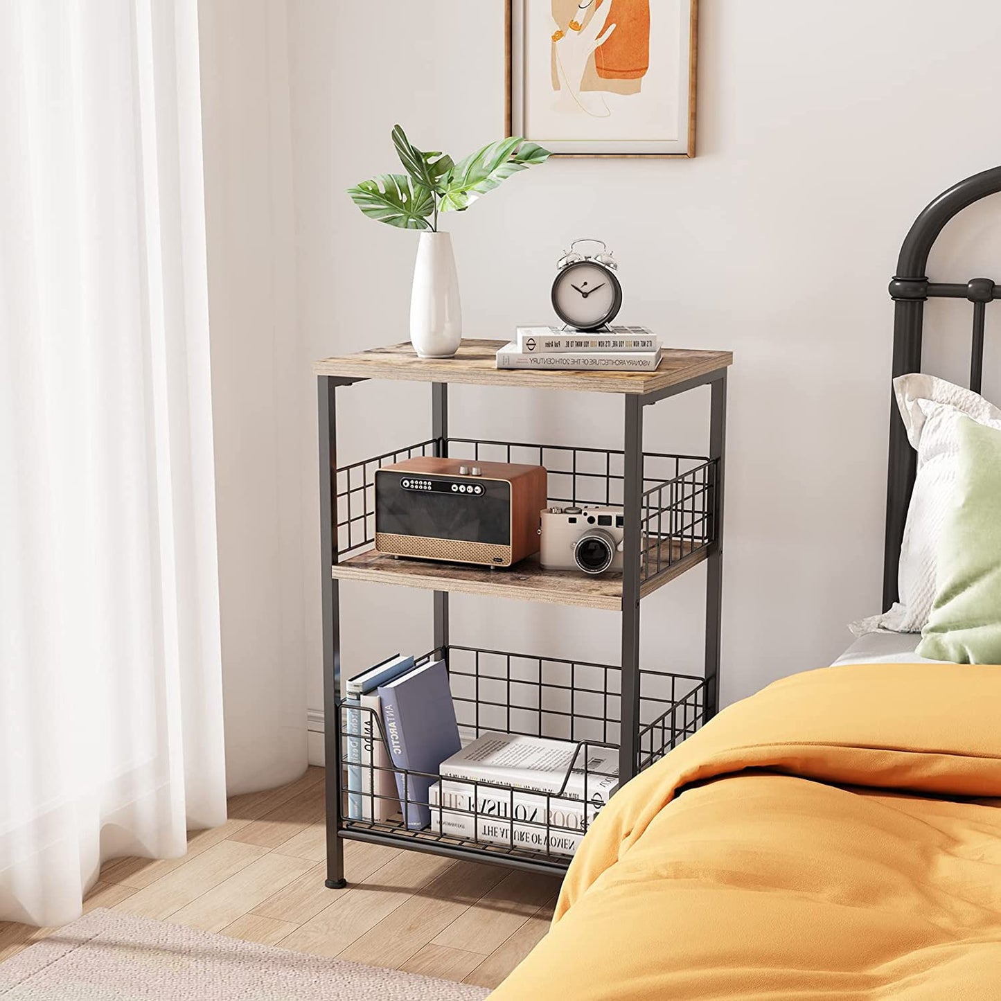X-Cosrack End Table,Industrial Retro Side Table Nightstand Storage Shelf for Living Room Bedroom Kitchen Family and Office,Stable Wood and Metal Frame, Patent Pending(Brown&Black)