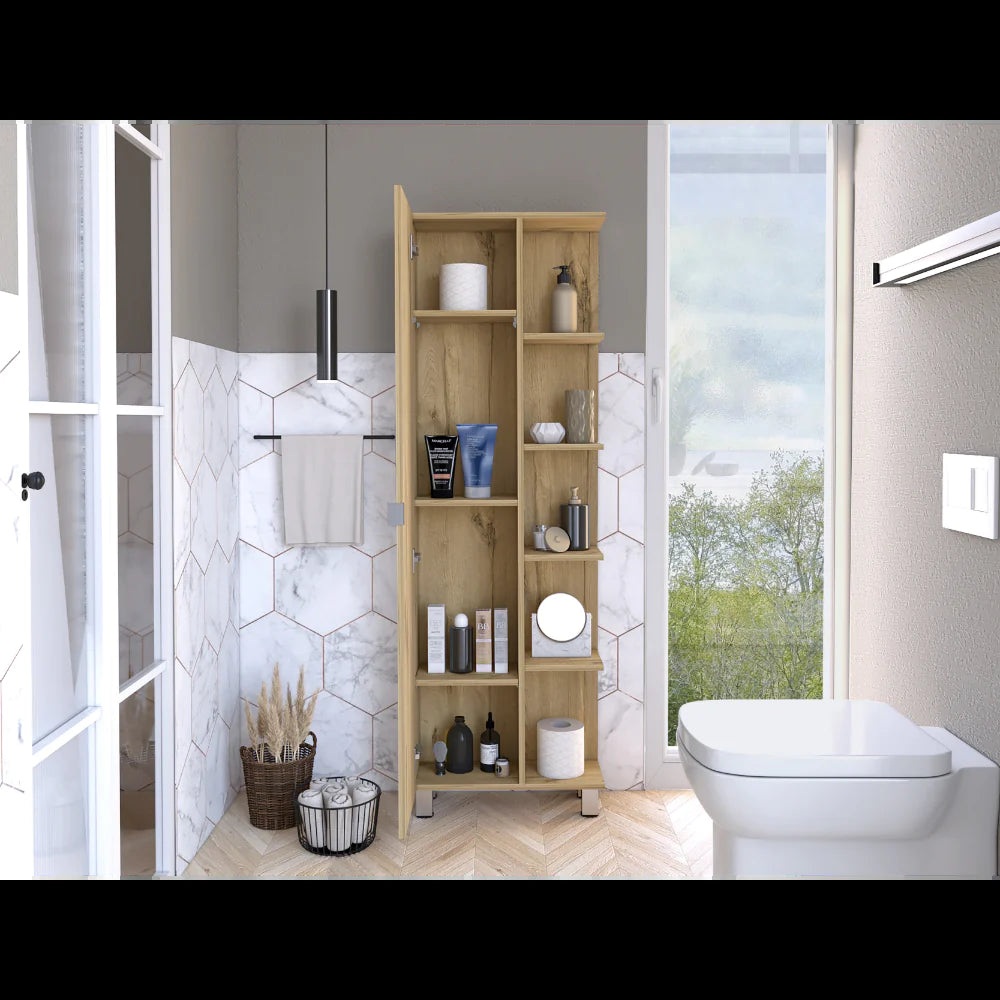 Corner Cabinet Womppi, Five Open Shelves, Single Door, Light Oak Finish