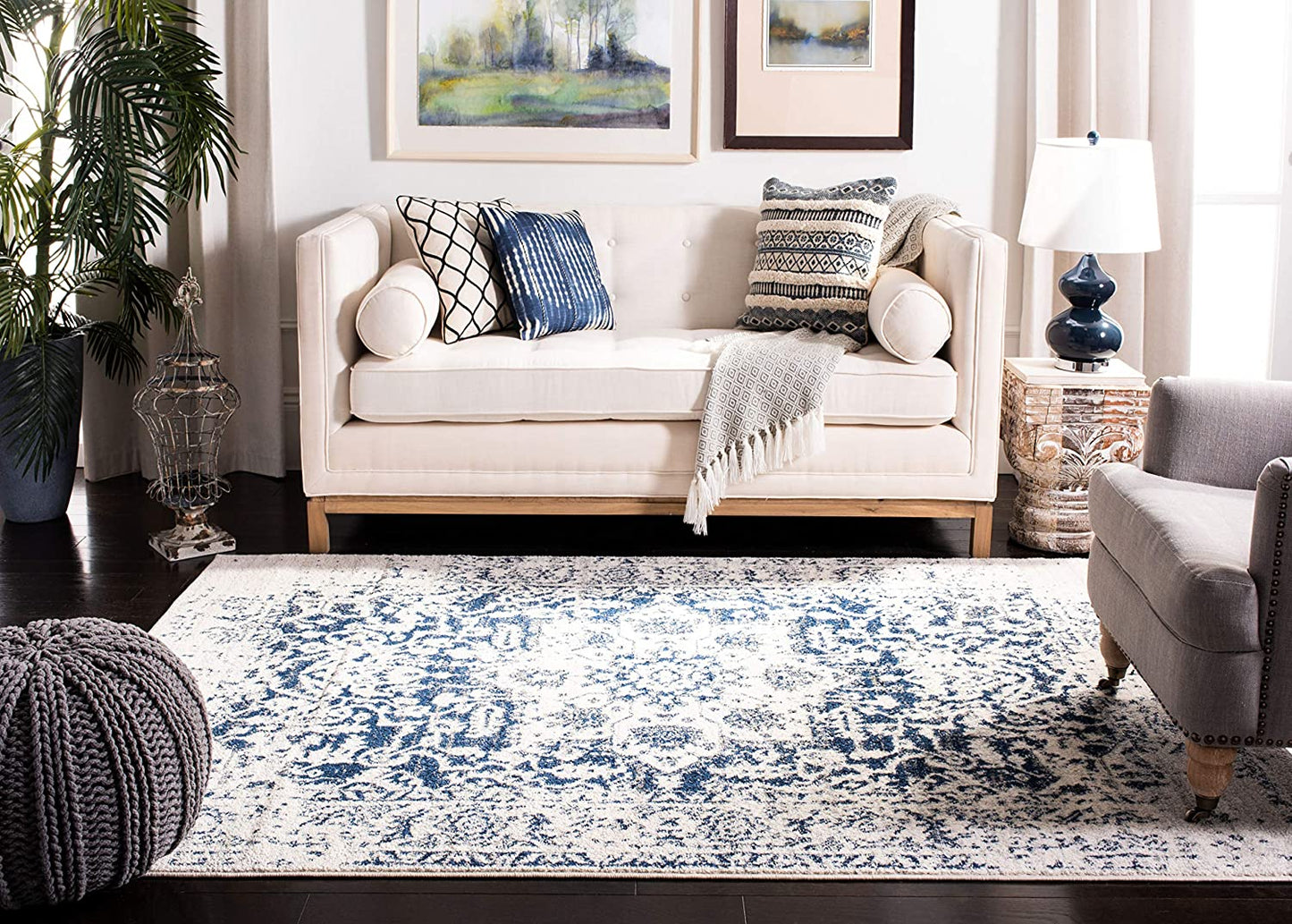 Madison Collection Area Rug - 8' X 10', Cream & Navy, Snowflake Medallion Distressed Design, Non-Shedding & Easy Care, Ideal for High Traffic Areas in Living Room, Bedroom (MAD603D)