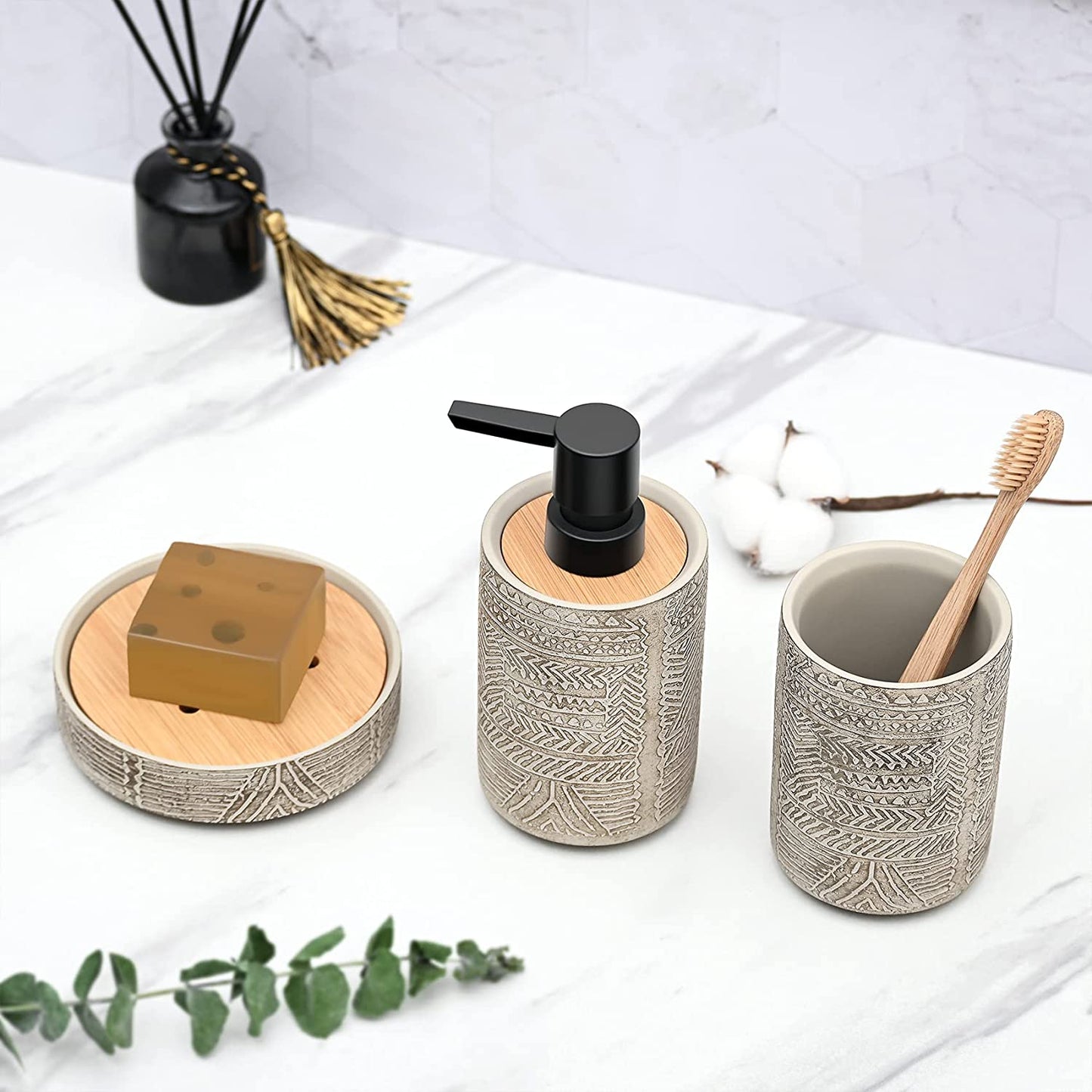 Bathroom Accessory Set, Grey Soap Dispenser Toothbrush Holder Set, Concrete Bathroom Accessories Set - Includes Soap Dispenser, Tumbler, Soap Dish (Vintage Engraving - Concrete)