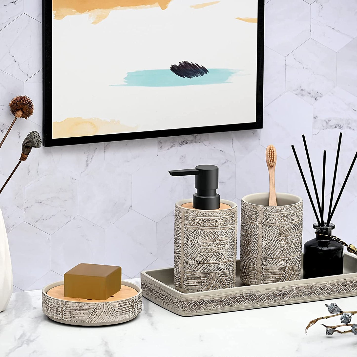 Bathroom Accessory Set, Grey Soap Dispenser Toothbrush Holder Set, Concrete Bathroom Accessories Set - Includes Soap Dispenser, Tumbler, Soap Dish (Vintage Engraving - Concrete)